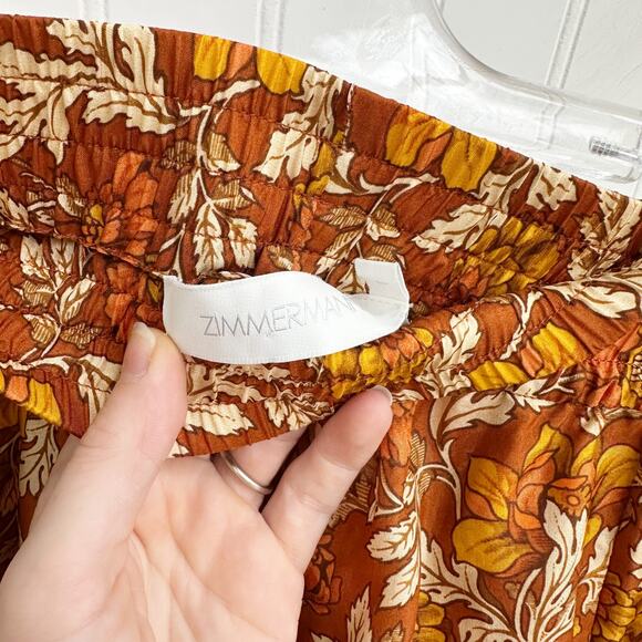 Zimmermann Andie Swing Gathered Floral Print Silk Midi Skirt Orange Beige Multi - Picture 10 of 14